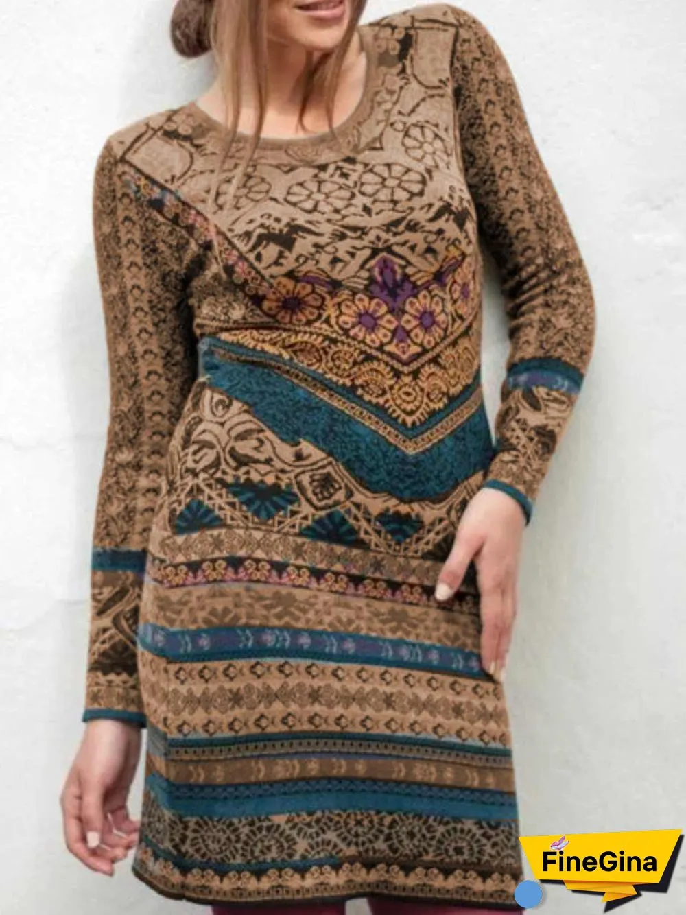 Gray Long Sleeve Cotton Casual Knitting Dress