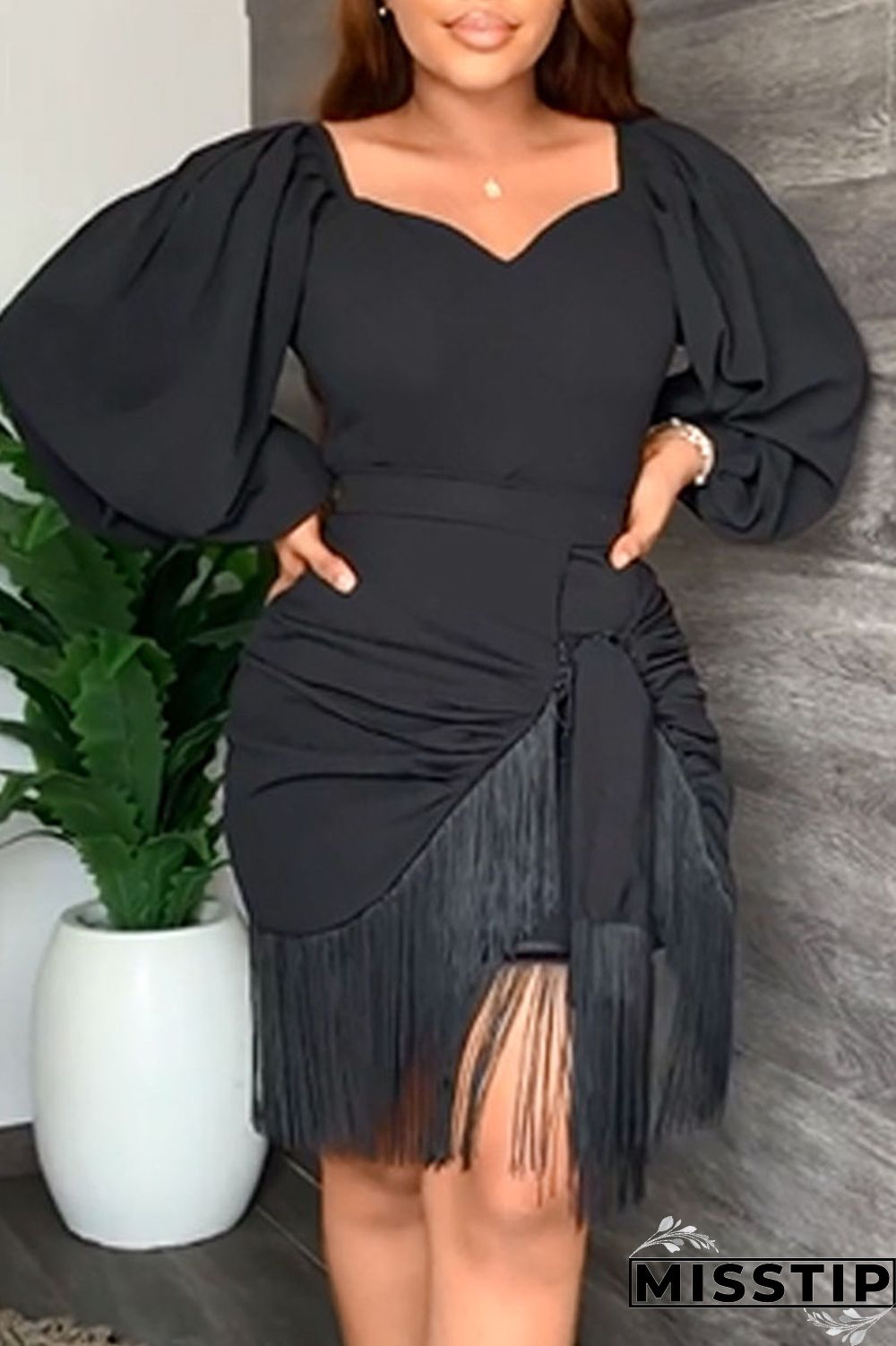 Green Casual Solid Tassel Patchwork Asymmetrical V Neck Straight Dresses