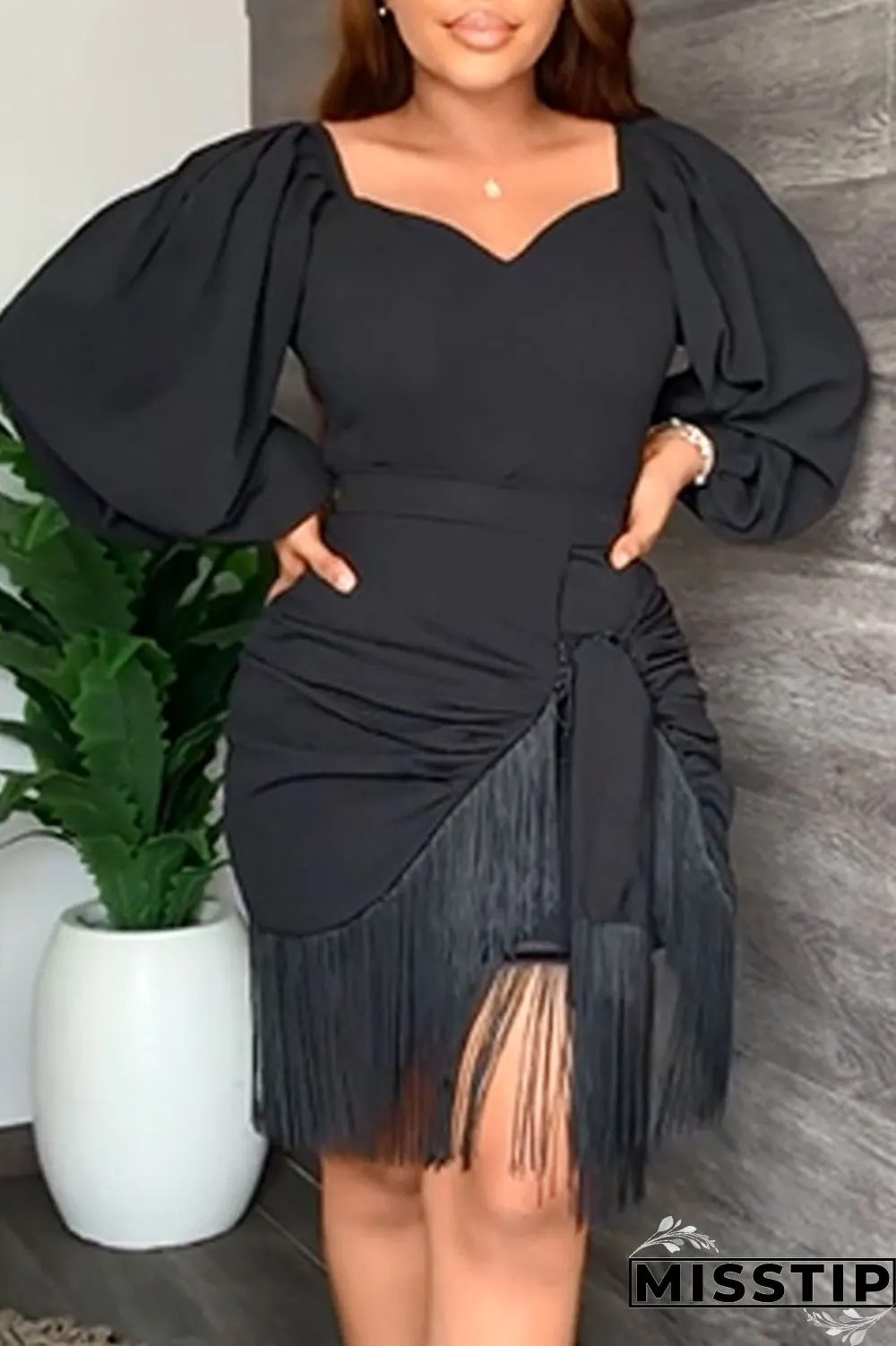 Green Casual Solid Tassel Patchwork Asymmetrical V Neck Straight Dresses