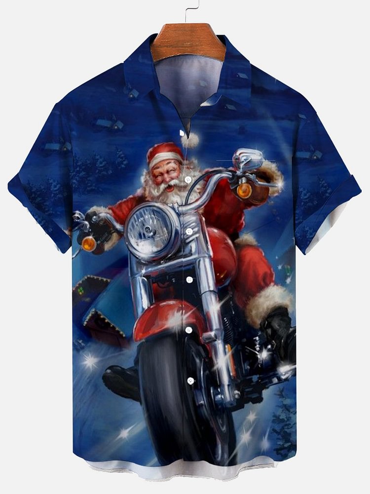 Men Christmas Father Riding Motor Bicycle Print Pocket Front Short Sleeves Shirt