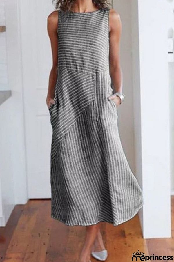 Striped Round Neck Sleeveless Oversized Fitted Dress