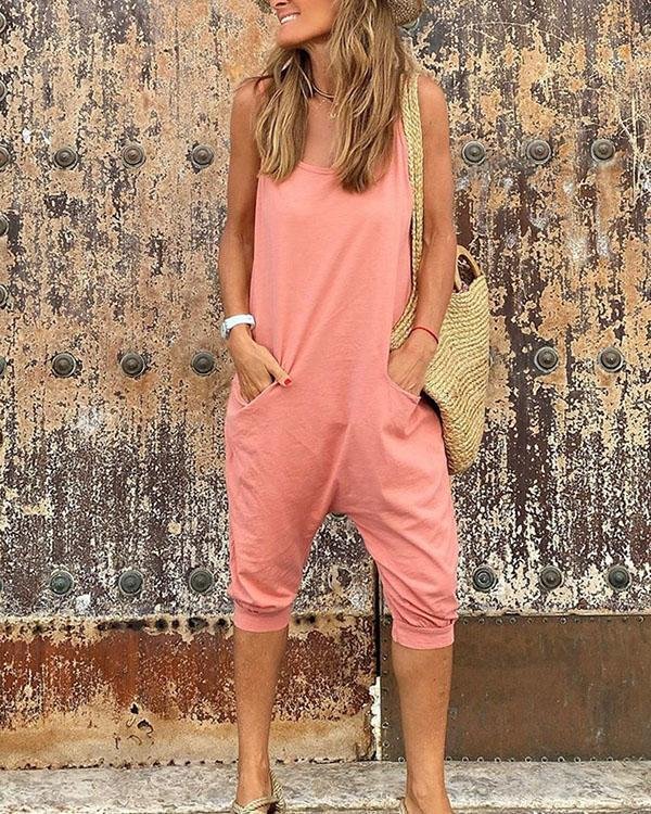 Womens Casual Loose Spaghetti Strap Pockets Jumpsuit