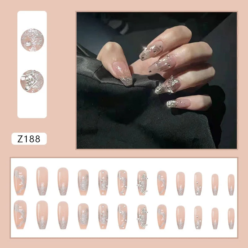 24PCS Nails free shipping Shiny Butterfly Nail Patch whit jelly glue Removable Paragraph Fashion Manicure press on  False Nails-Nail Inspo