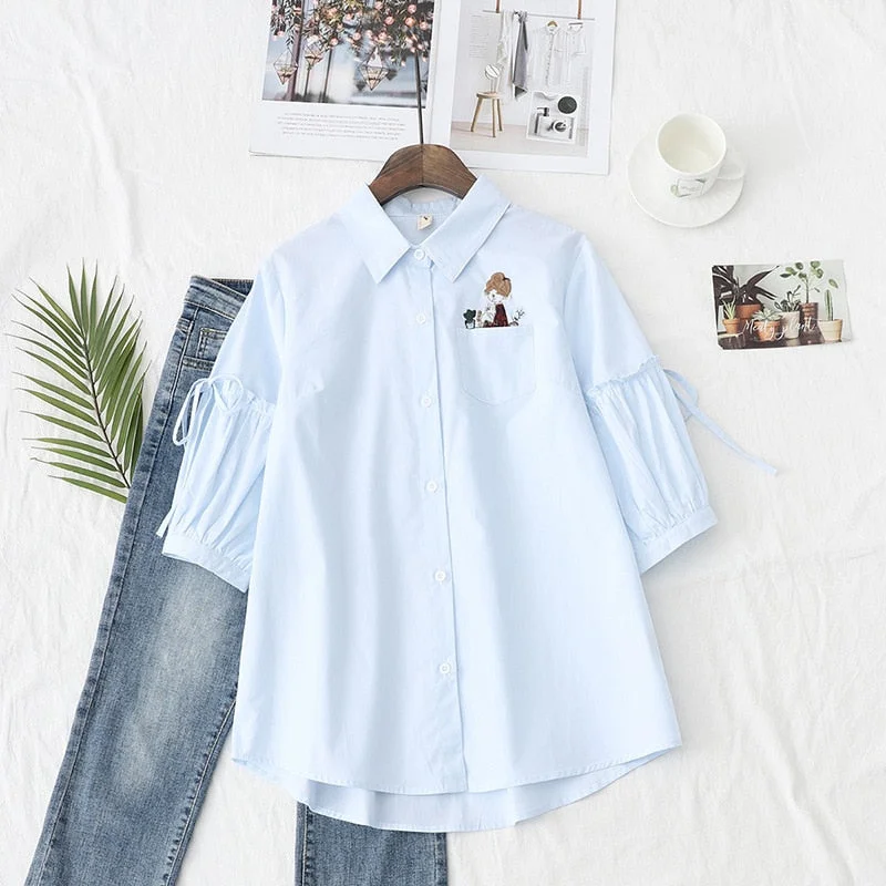 Summer Embroidery White Shirts Women Blouses And Tops 100% Cotton Three Quarter Sleeve Lady Female Clothes College Style