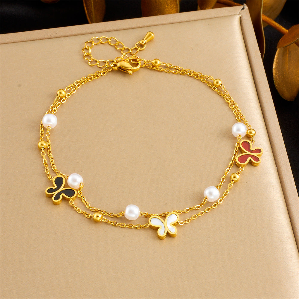Fashionable And Simple Colorful Fine Glitter Shell Butterfly Double Layered Beach Style Stainless Steel Chain Pearl Starfish Anklet