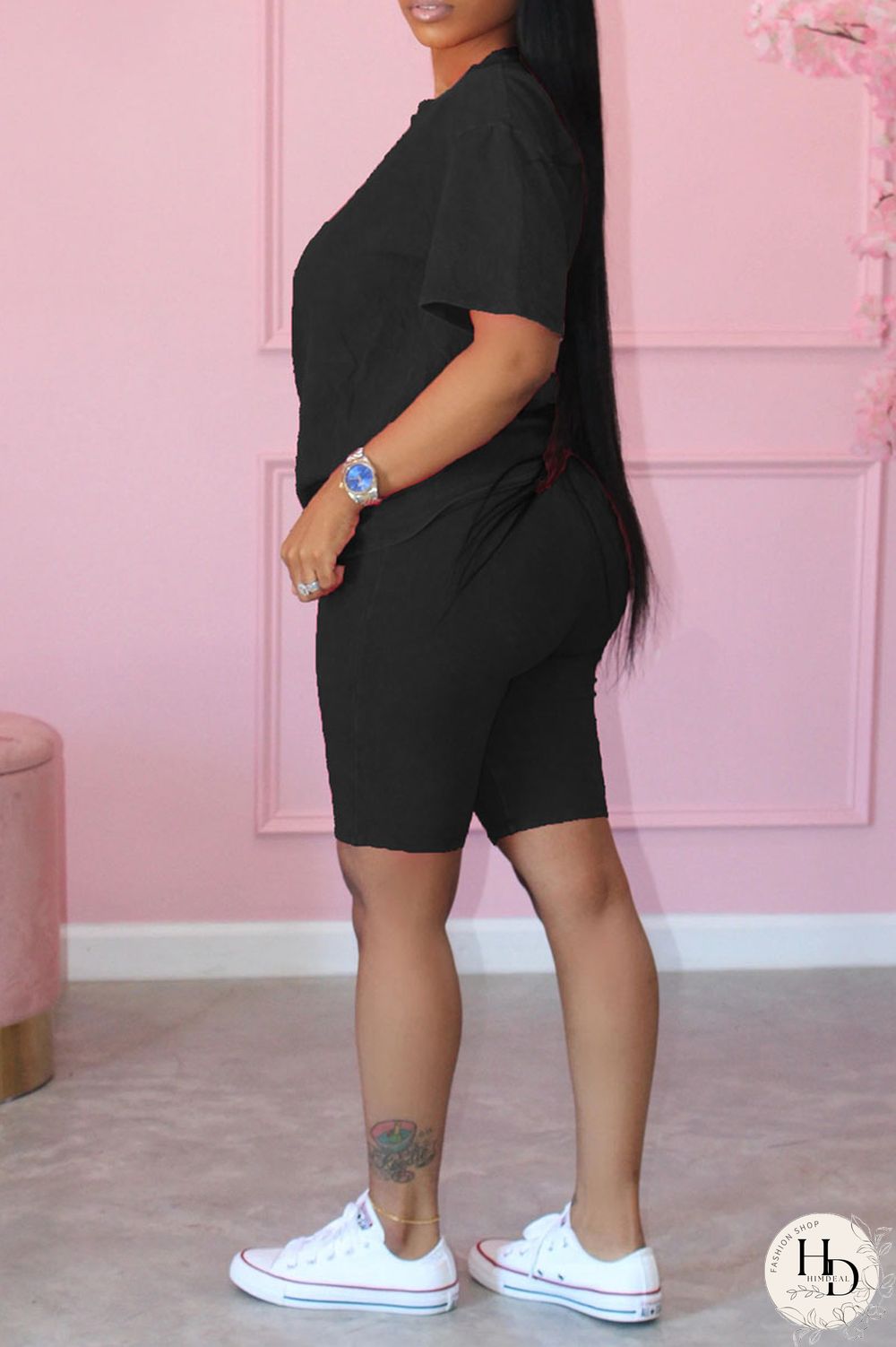 Black Casual Print Patchwork O Neck Short Sleeve Two Pieces