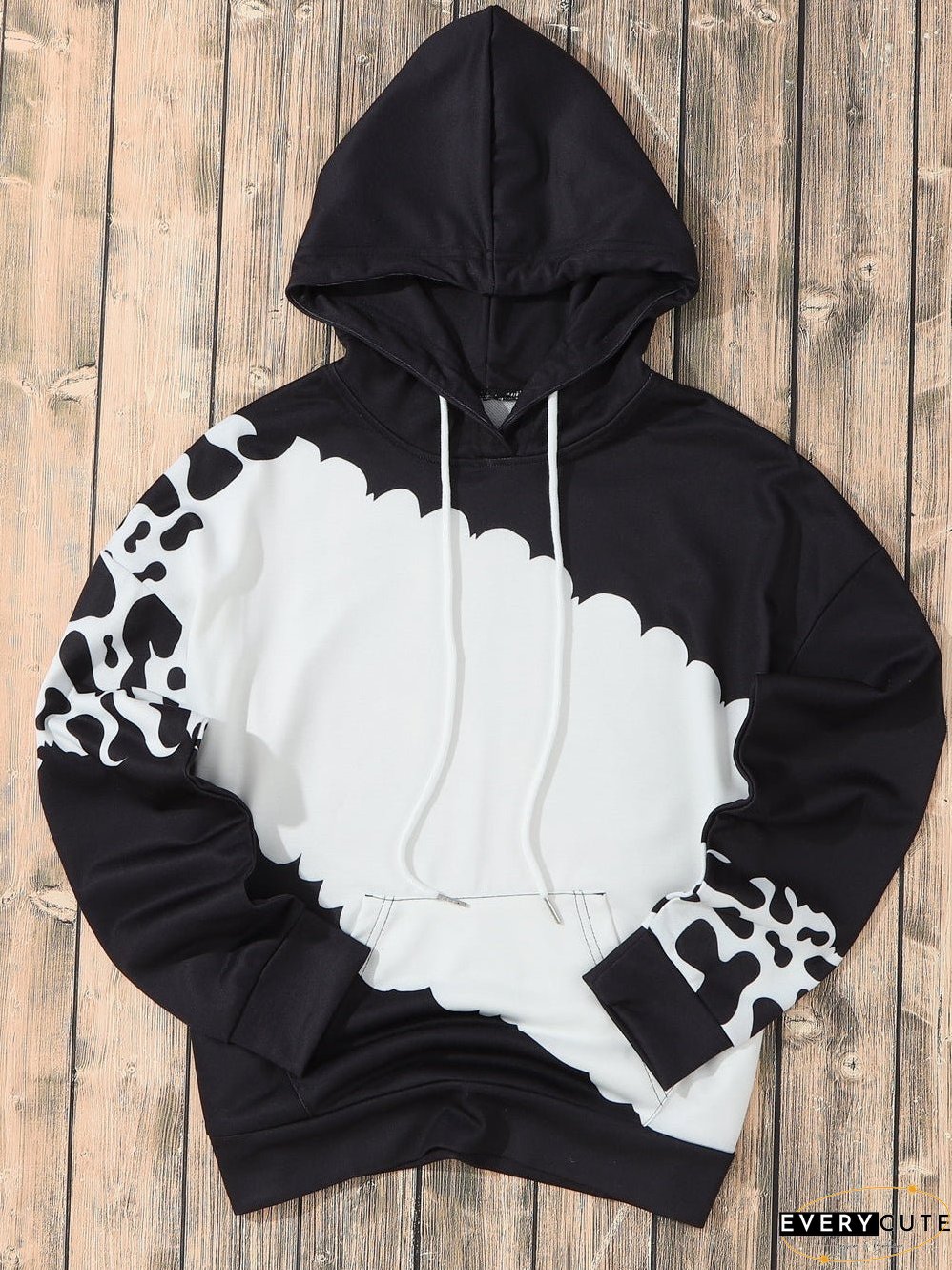 Cow Print Tie Dye Drawstring Hoodie with Pockets