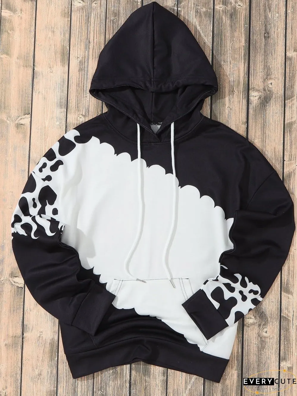 Cow Print Tie Dye Drawstring Hoodie with Pockets