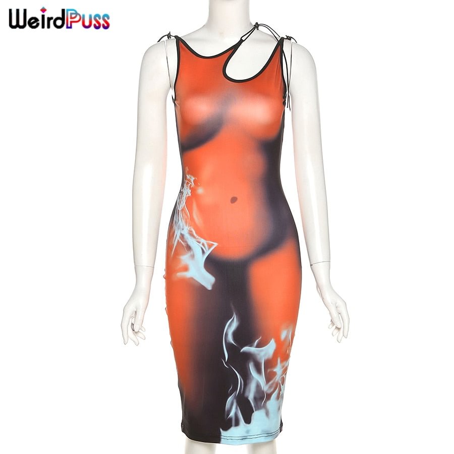 Weird Puss Sexy Aesthetic Print Long Dresses Women Summer Sleeveless Bodycon Stretchy Hipster Club Streetwear 2021 New Clothing
