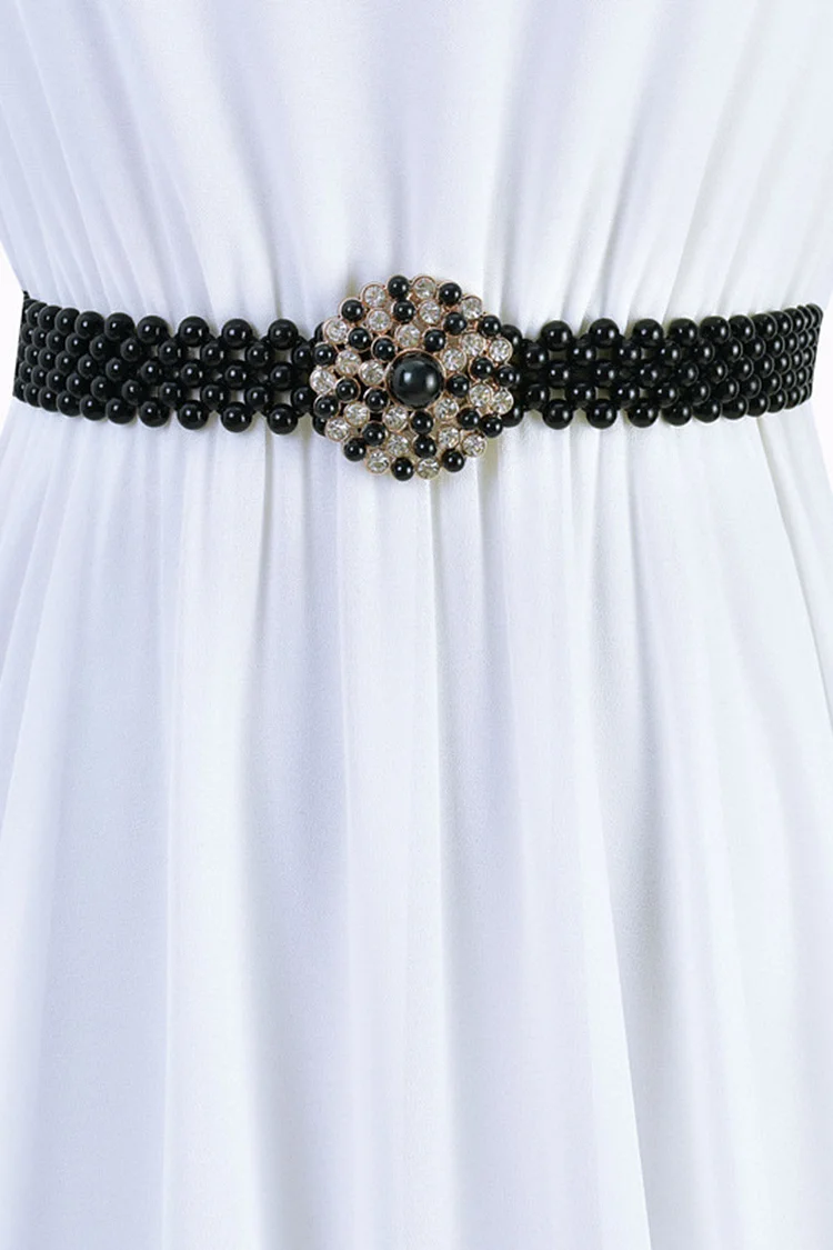 1950s Black Casual Imitation Pearls Rhinestone Inlay Wide Decorative Belt