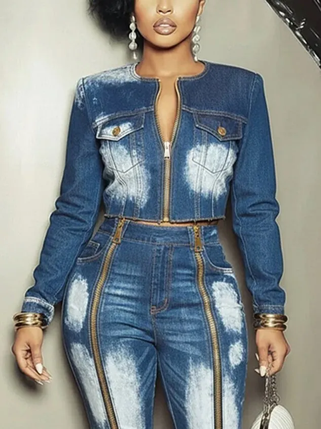 Casual Pockets Plain Crew Neck Denim Jacket mysite idetrend