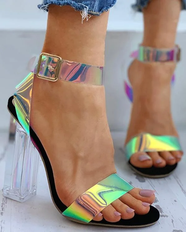 Laser Ankle Strap Clear Chunky Heels