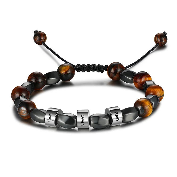 Personalized Tiger Eye Bracelet Engraves 3 Names Beads Warp Bracelet