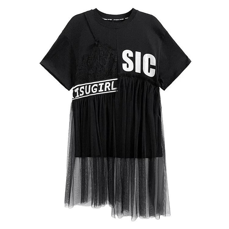 Street O-neck Letter Printed Lace Splicing Mesh Patchwork Short Sleeve Dress 