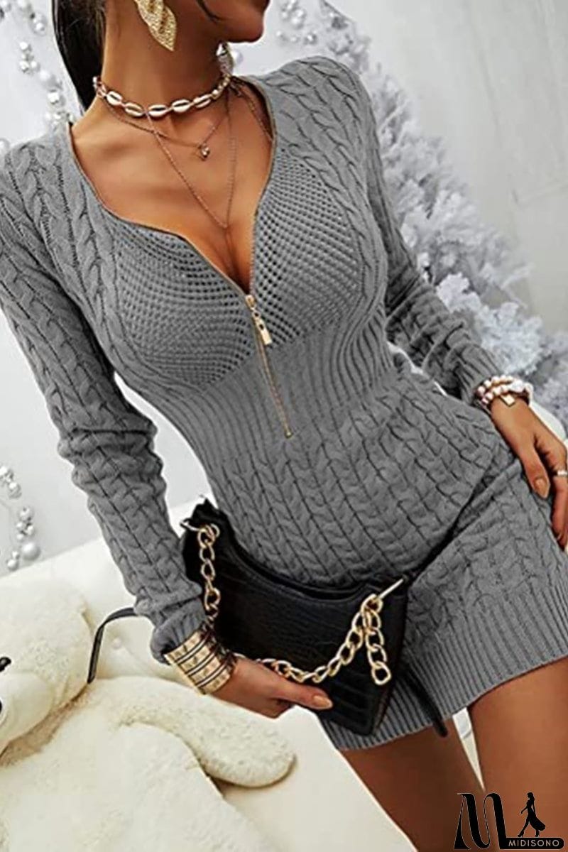 MidiSono - Zipper V Neck Bodycon Sweater Dress