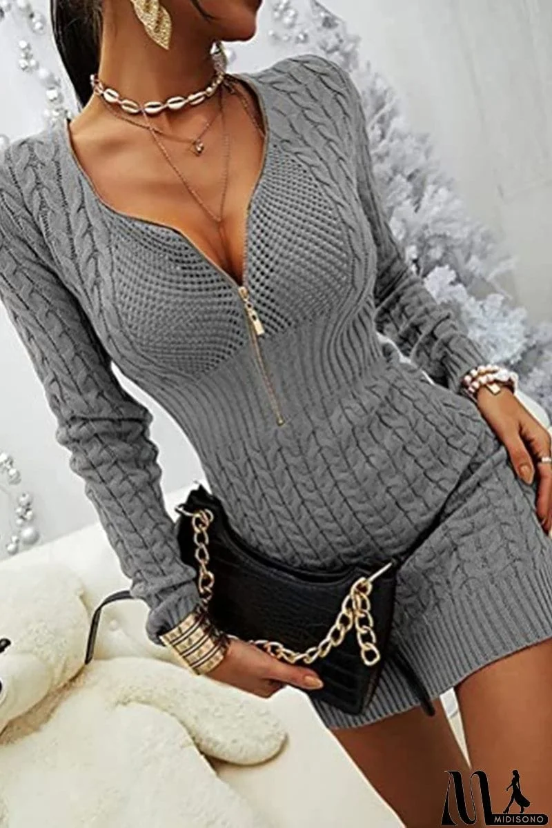 MidiSono - Zipper V Neck Bodycon Sweater Dress