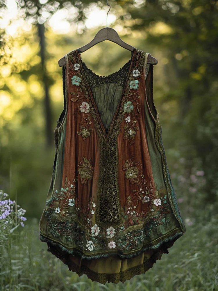 VChics Boho Lavender Lace Art Linen Lace Patchwork Art Sleeveless Tank Top