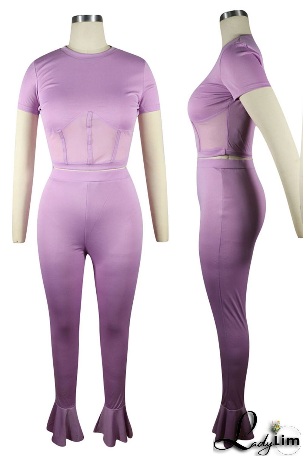 Purple Sexy Solid Patchwork O Neck Short Sleeve Two Pieces