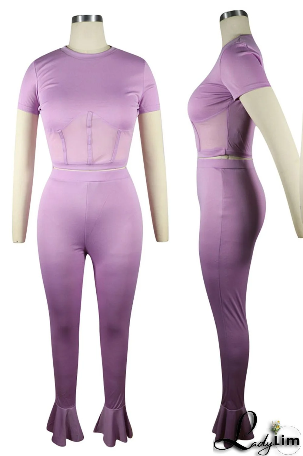 Purple Sexy Solid Patchwork O Neck Short Sleeve Two Pieces