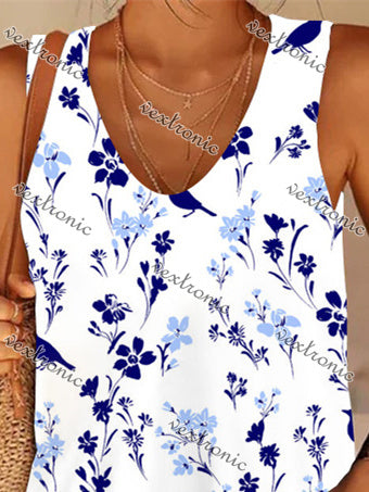 Women's Blue Scoop Neck Sleeveless Floral Printed Tops