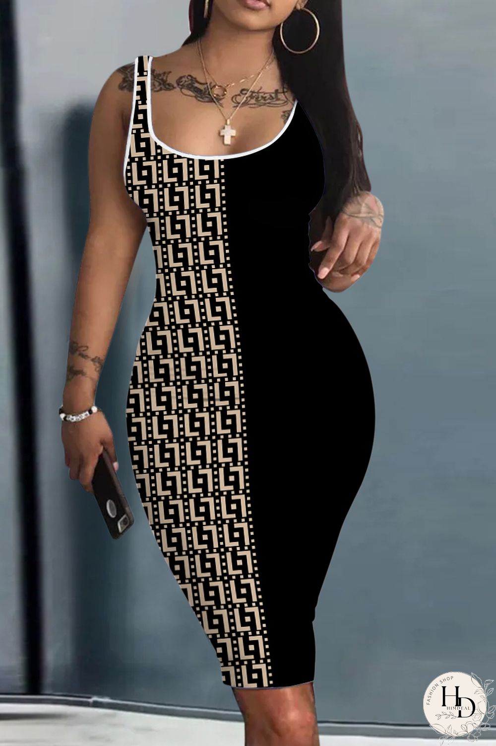 Apricot Sexy Print Basic U Neck Vest Dress Dresses