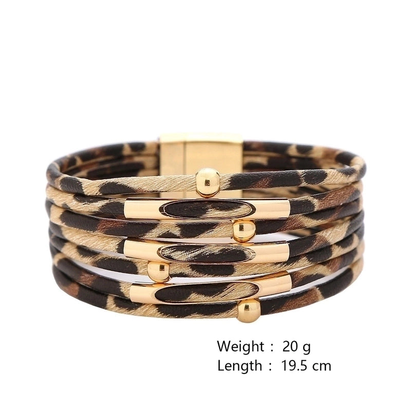 Europe And America  Fashion Geometric Leopard Bracelet Women’s Magnetic Buckle Copper Beaded Multi-Layer Wrap Bracelet Jewelry
