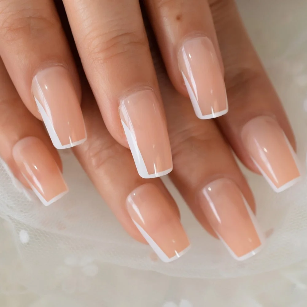 Natural Nude Color Press On Nails Marble White Artificial False Nails Square Short Glossy Pattern Tips with Glue Sticker 113-Nail Inspo
