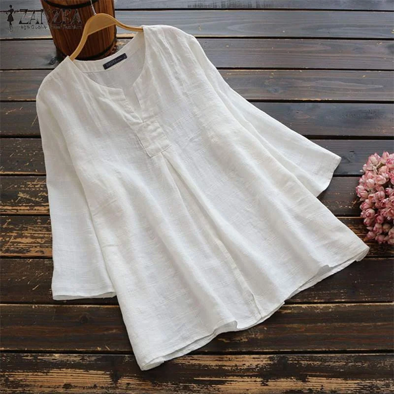 Summer Cotton Blouse 2022 ZANZEA Women 3/4 Sleeve Shirt Casual Solid Blusas Elegant Chemise Female Vintage V Neck Tops