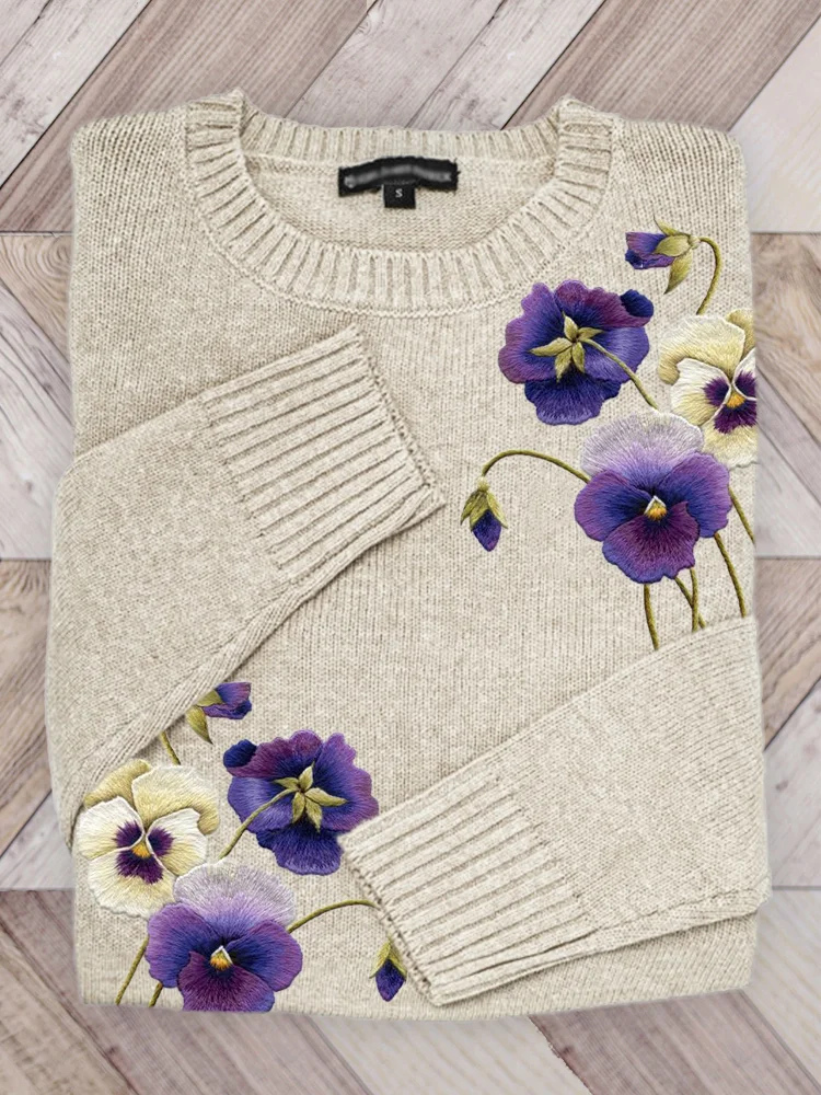 VChics Classy Pansy Flowers Embroidered Cozy Knit Sweater