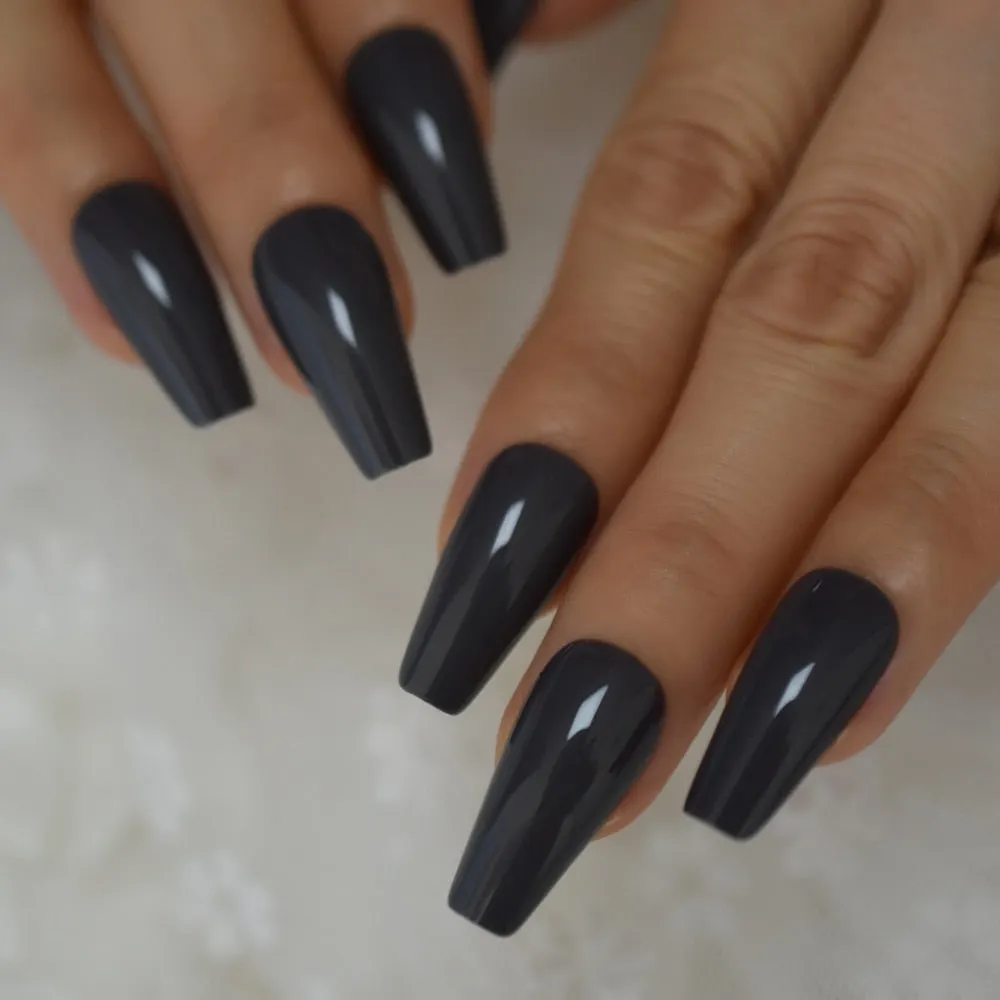 EchiQ Glossy Coffin Fake Nails Pink Long Size Thick Faux Ongles Ballerina Press On Nails Reuseable Square Manicure Tips 24-Nail Inspo