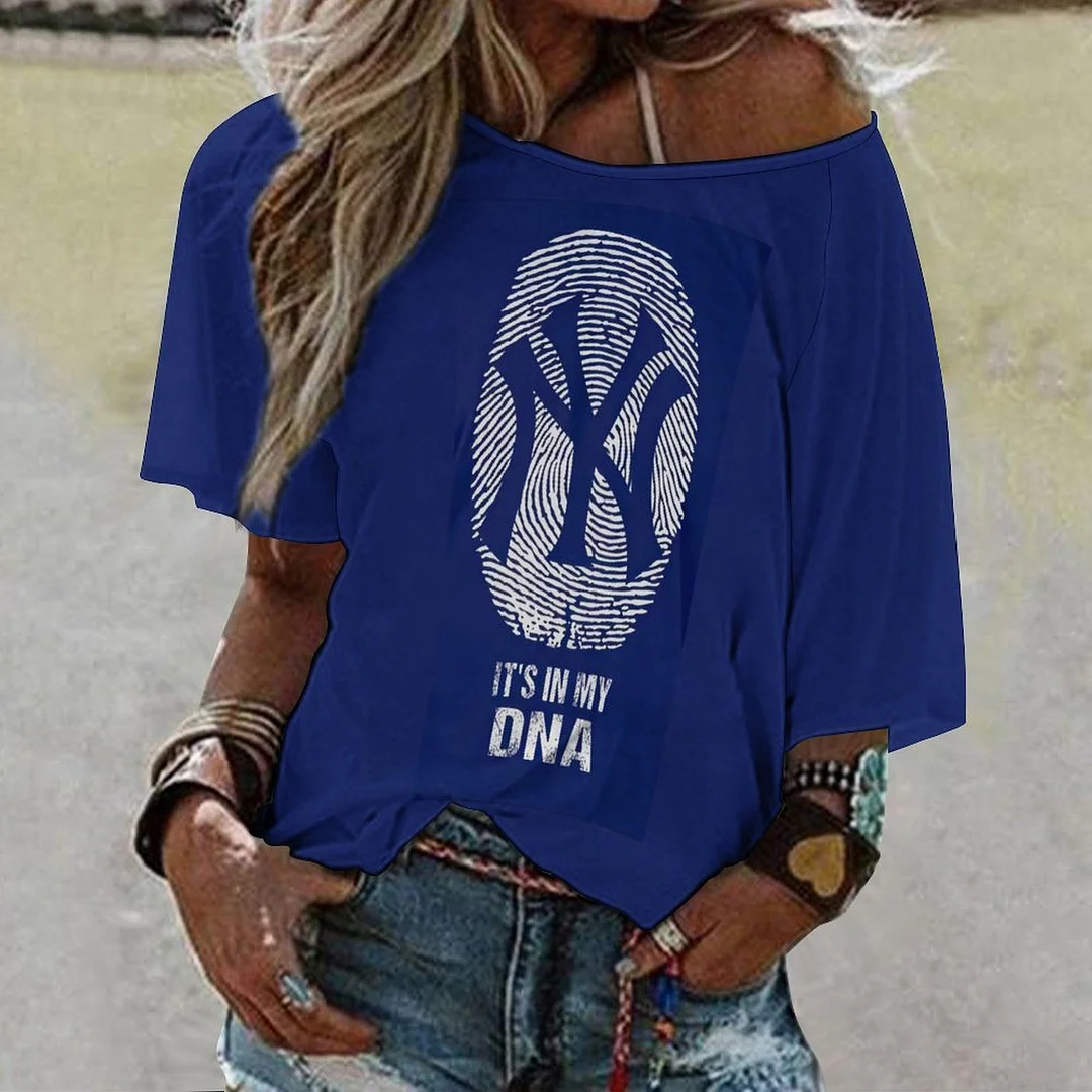 Shoulder Off  Loose Short Sleeve Casual T-shirt for Women Printed with Pattern ,Blue