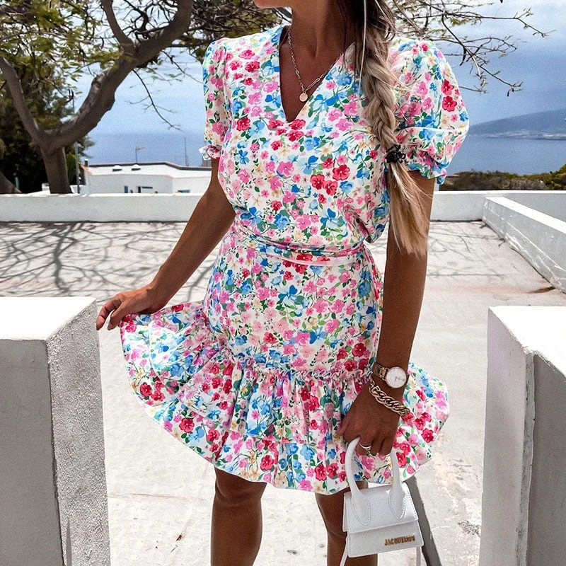 Graduation Gifts  Floral V Neck Ruffle Mini Dress Women Summer Puff Sleeve Flowers Print A-Line Sashes Dress Casual New Arrivals Female Vestidos