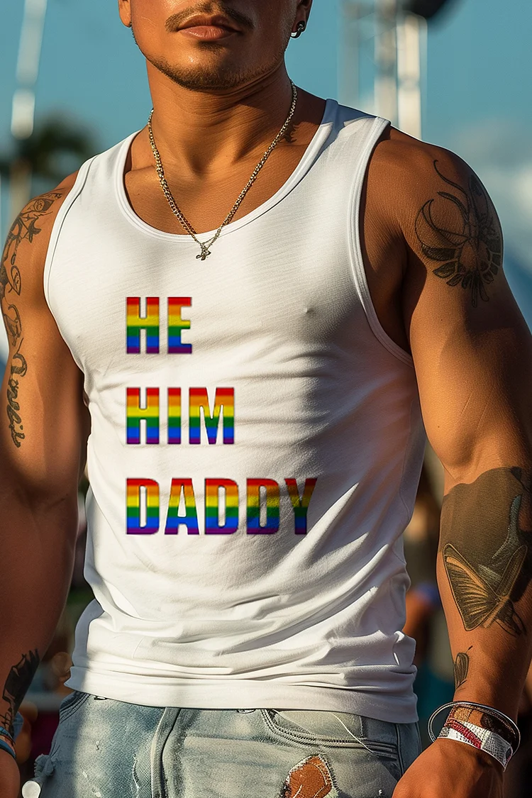 Rainbow He Him Daddy Print Slim Fit Tank Top