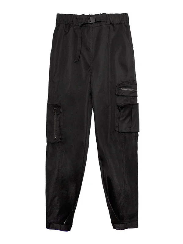 Original Black Pocket Zipper Split-Joint Overalls Pants