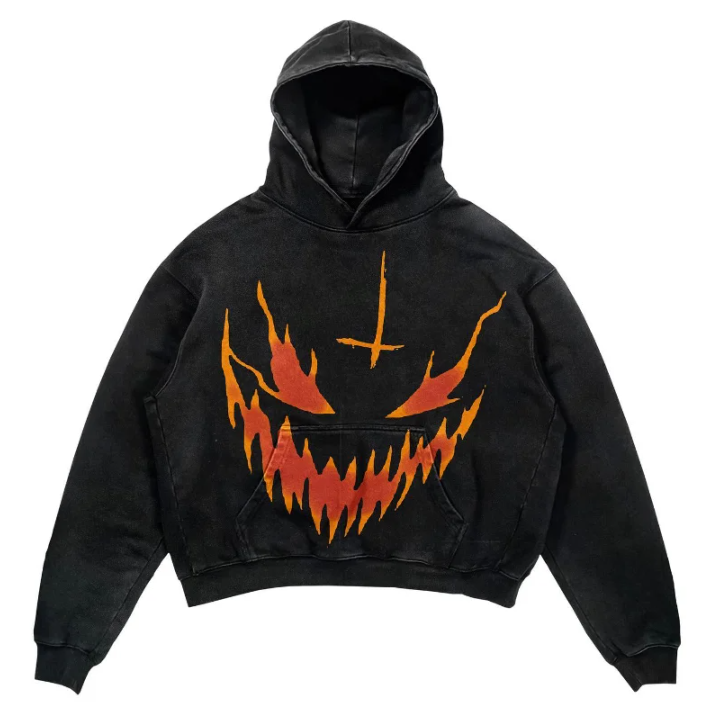 Y2k Goth Sweatshirts Hoodie Demon Pattern Hoodie Long Sleeve Black Pullover-VESSFUL