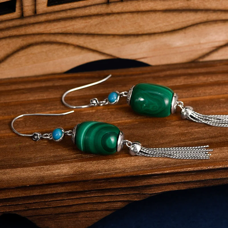S925 Silver Malachite Tassel Retro Ethnic Earrings