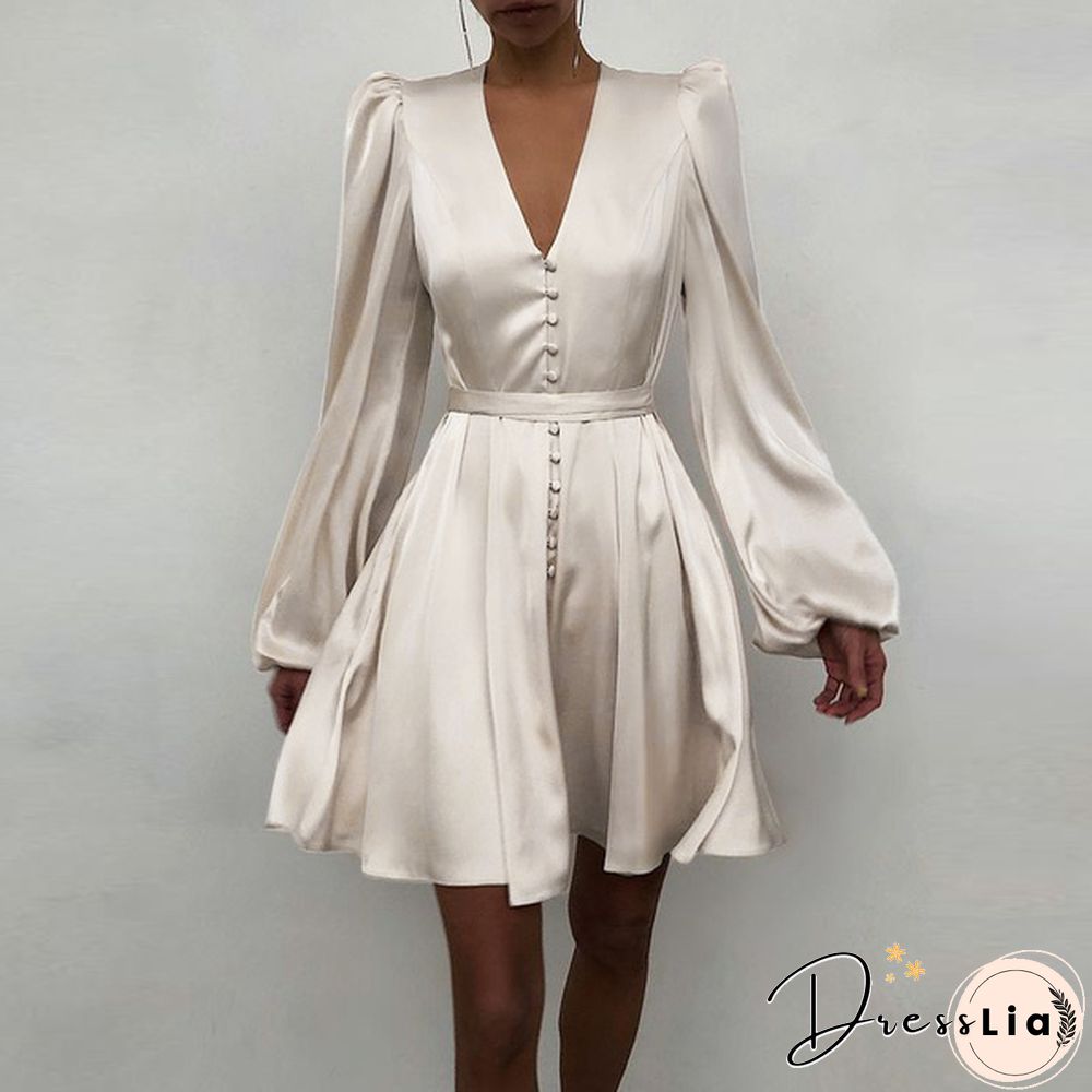 Women Solid Color Stain V Neck Puff Long Sleeve Cocktail Dress Casual Fashion Party Belted Midi Dress Plus Size Kleid