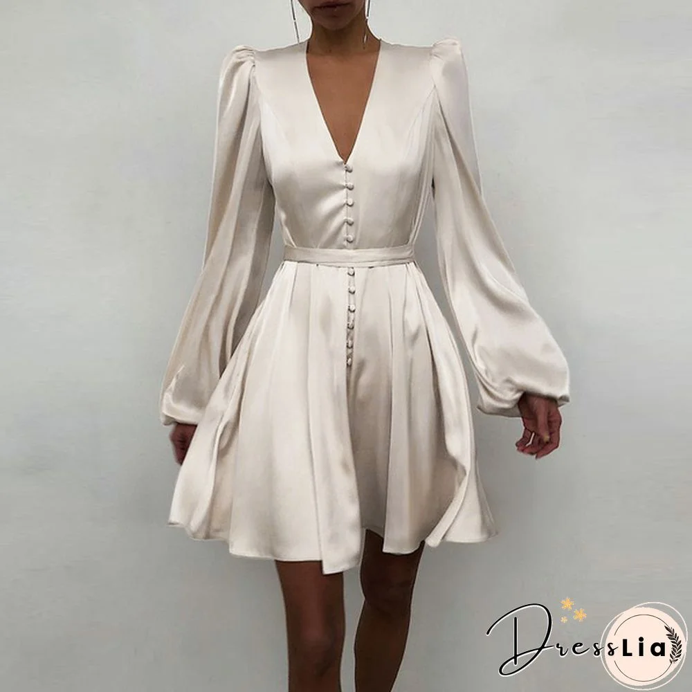 Women Solid Color Stain V Neck Puff Long Sleeve Cocktail Dress Casual Fashion Party Belted Midi Dress Plus Size Kleid