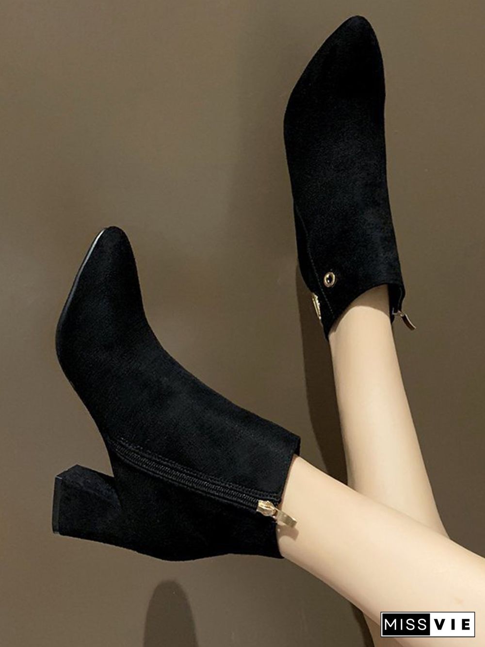 Side Zip Faux Suede Pointed Toe Chunky Heel Booties