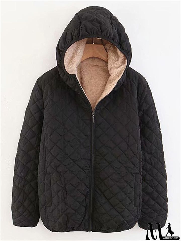 MidiSono - Women's Sports Style Solid Color Plush Liner Short Coat with Hood