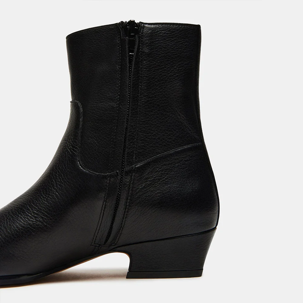Black Vegan Leather Chunky Heel Square Toe Zipper Ankle Boots