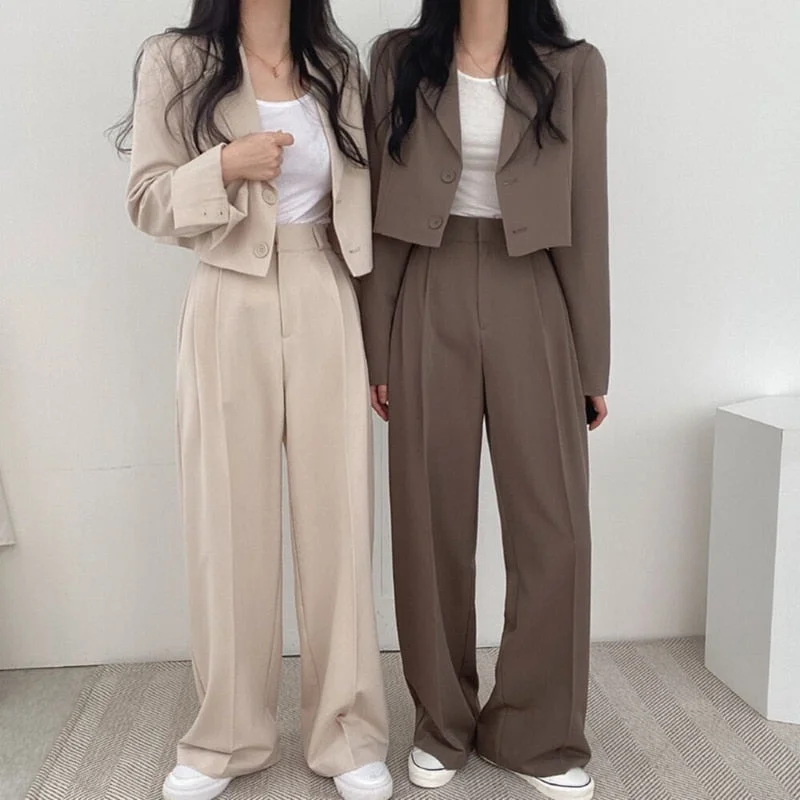 UForever21 Korean Style Office Lady Blazer Sets Autumn Loose 2 Two Piece Set Women Long Sleeve Short Suit Coat + Straight Suit Pants Suits