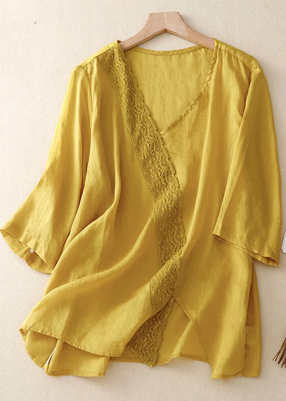 Women Yellow Asymmetrical Lace Patchwork Linen Shirts Summer