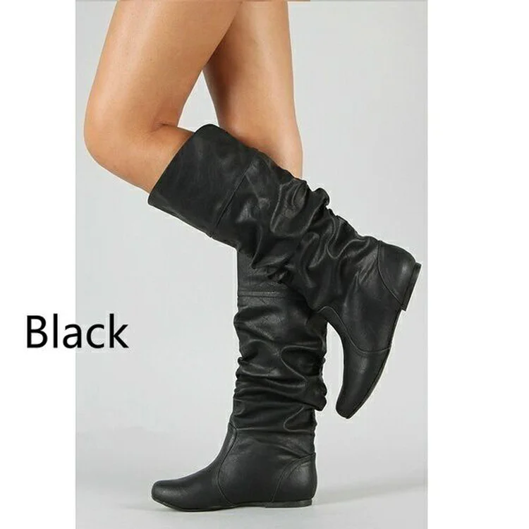 Yyvonne Flat-Bottomed Long Boots Women Autumn And Winter New In The New Increase In The Pu Leather Face Round Head Cover Thin Women Boots