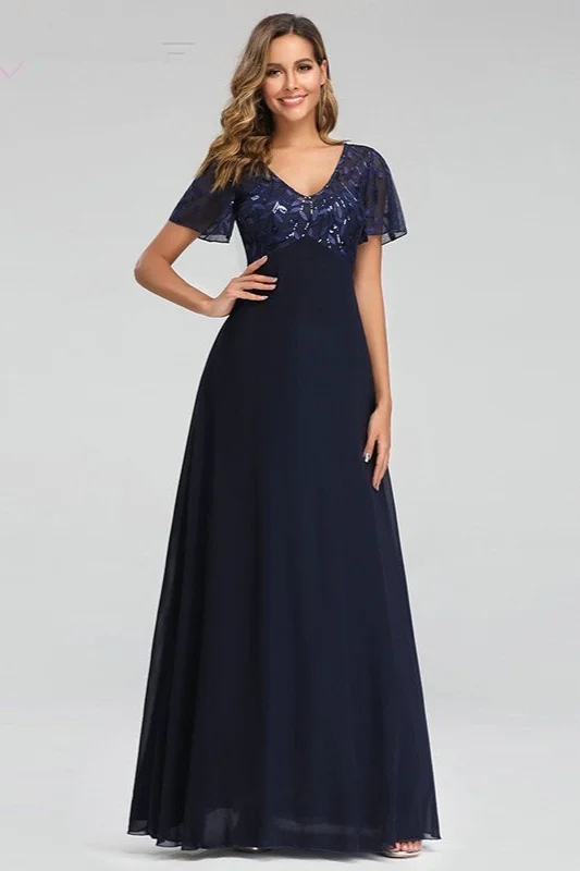Navy Short Sleeve Appliques Long Chiffon Evening Prom Dress - lulusllly