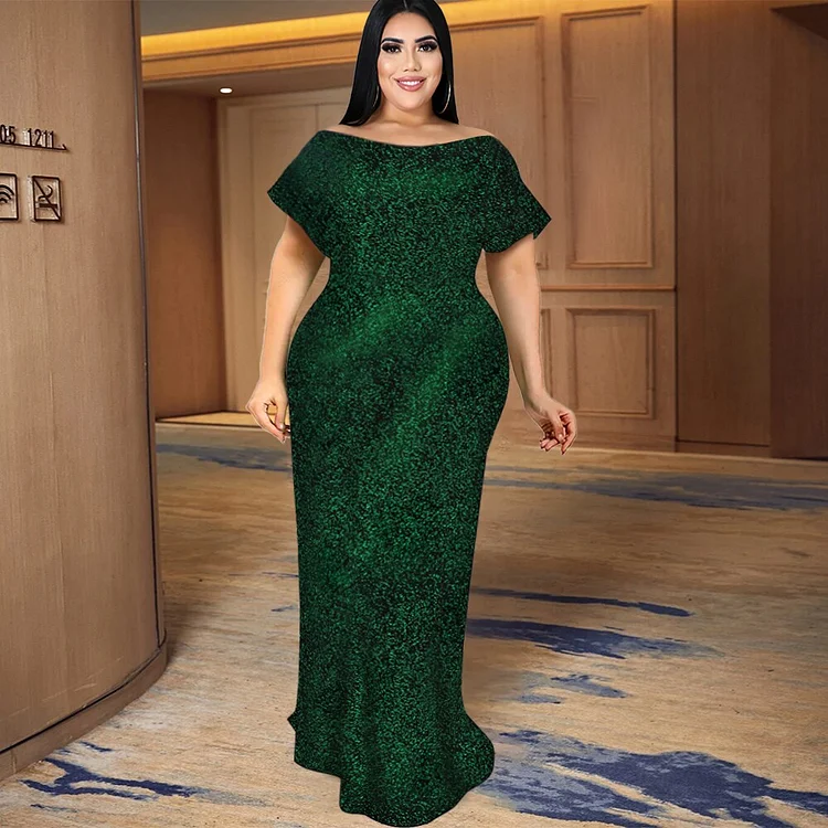 Green Sequins Maxi Dresses Short Sleeve Slash Neck High Waist Slim Fit Mermaid Evening Birthday Party Outfits for Women 2022 New QueenFunky