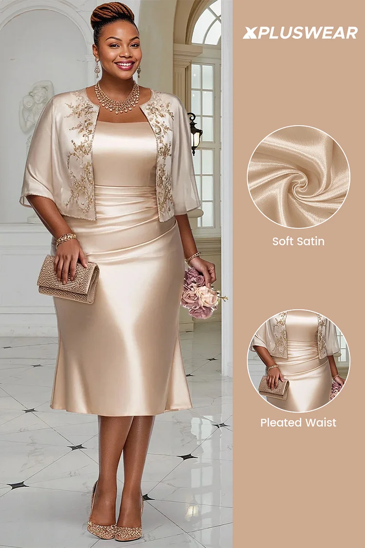 Xpluswear Design Plus Size Mother Of The Bride Champagne Half Sleeve Ruffled Elegant Satin Two Piece Dress Set [Pre-Order]