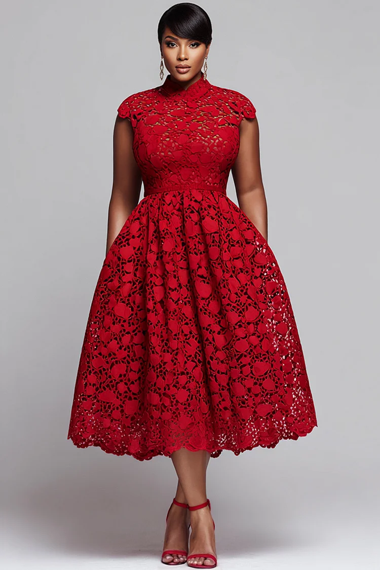 Xpluswear Design Plus Size Valentines Red Round Neck Pocket Elegant Cut Out Lace Midi Dresses