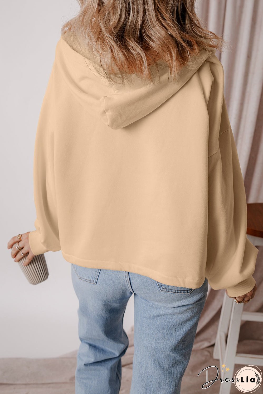 Parchment Fleece Lined Half Zipper Kangaroo Pockets Loose Hoodie