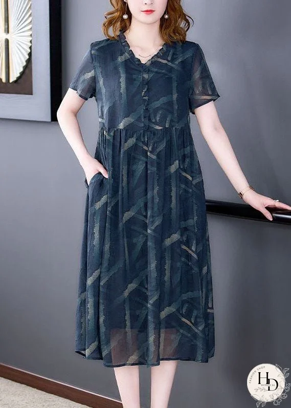 Style Blue V Neck Patchwork Print Silk Dresses Summer